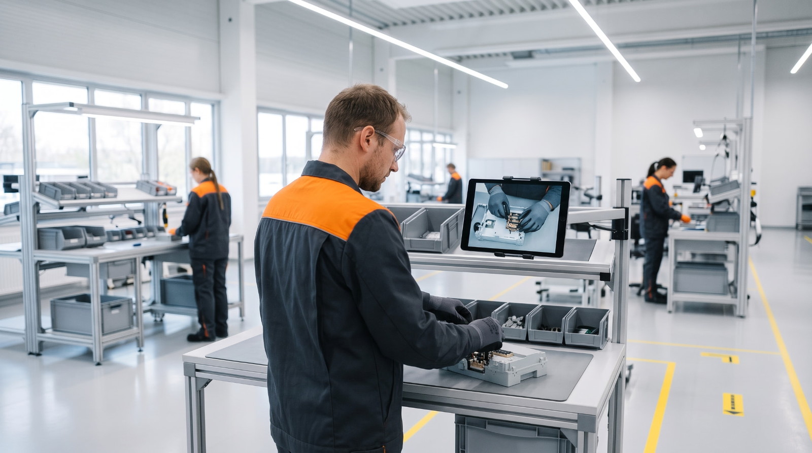 Operator at an assembly station following a step-by-step video instruction on a tablet mounted beside the workpiece