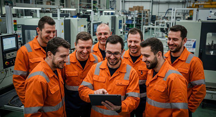 Grupa pracowników oglądających cyfrowe instrukcje pracy