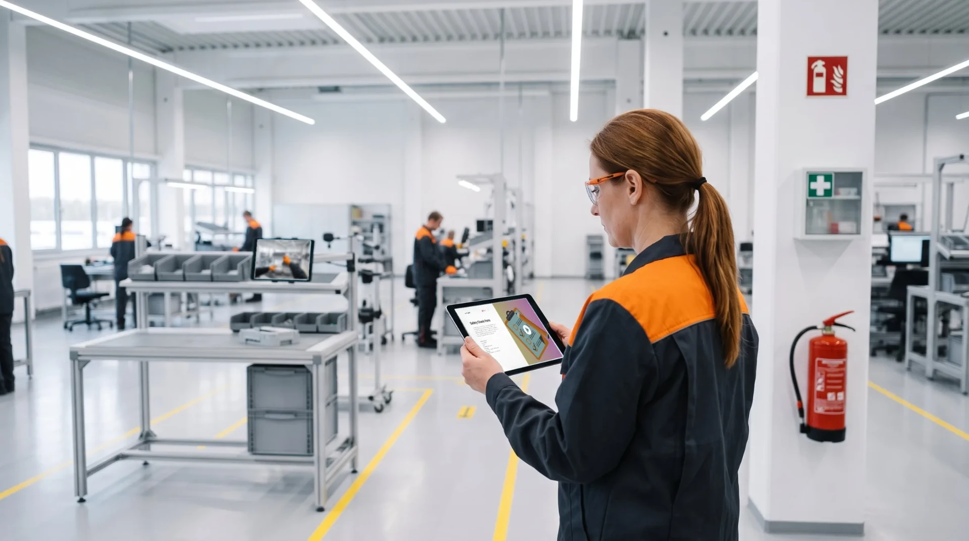 Specjalista ds. BHP na hali produkcyjnej trzyma tablet z formularzem kontroli bezpieczeństwa REWO