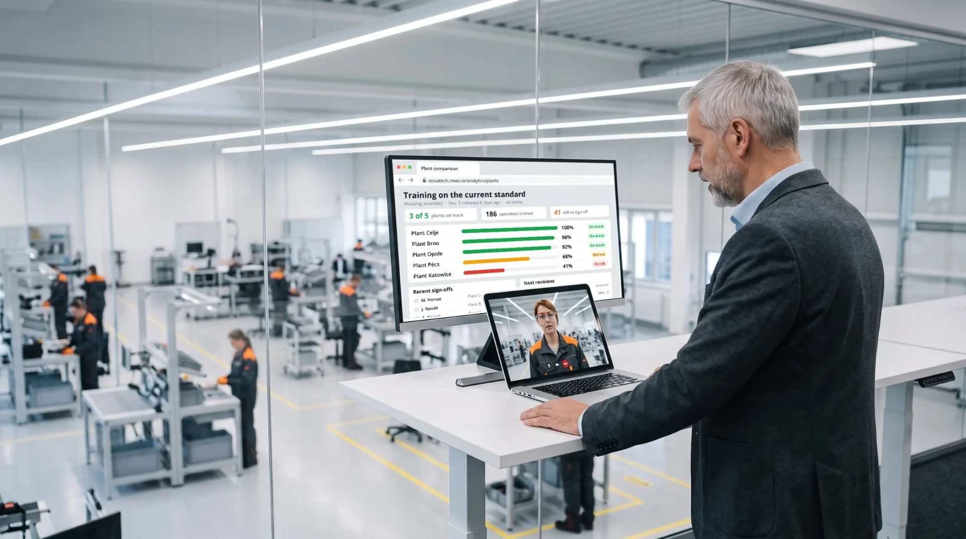 Dyrektor operacyjny podczas wideorozmowy z kolegą z innego zakładu, z porównaniem zakładów na monitorze, w przeszklonym biurze nad halą produkcyjną