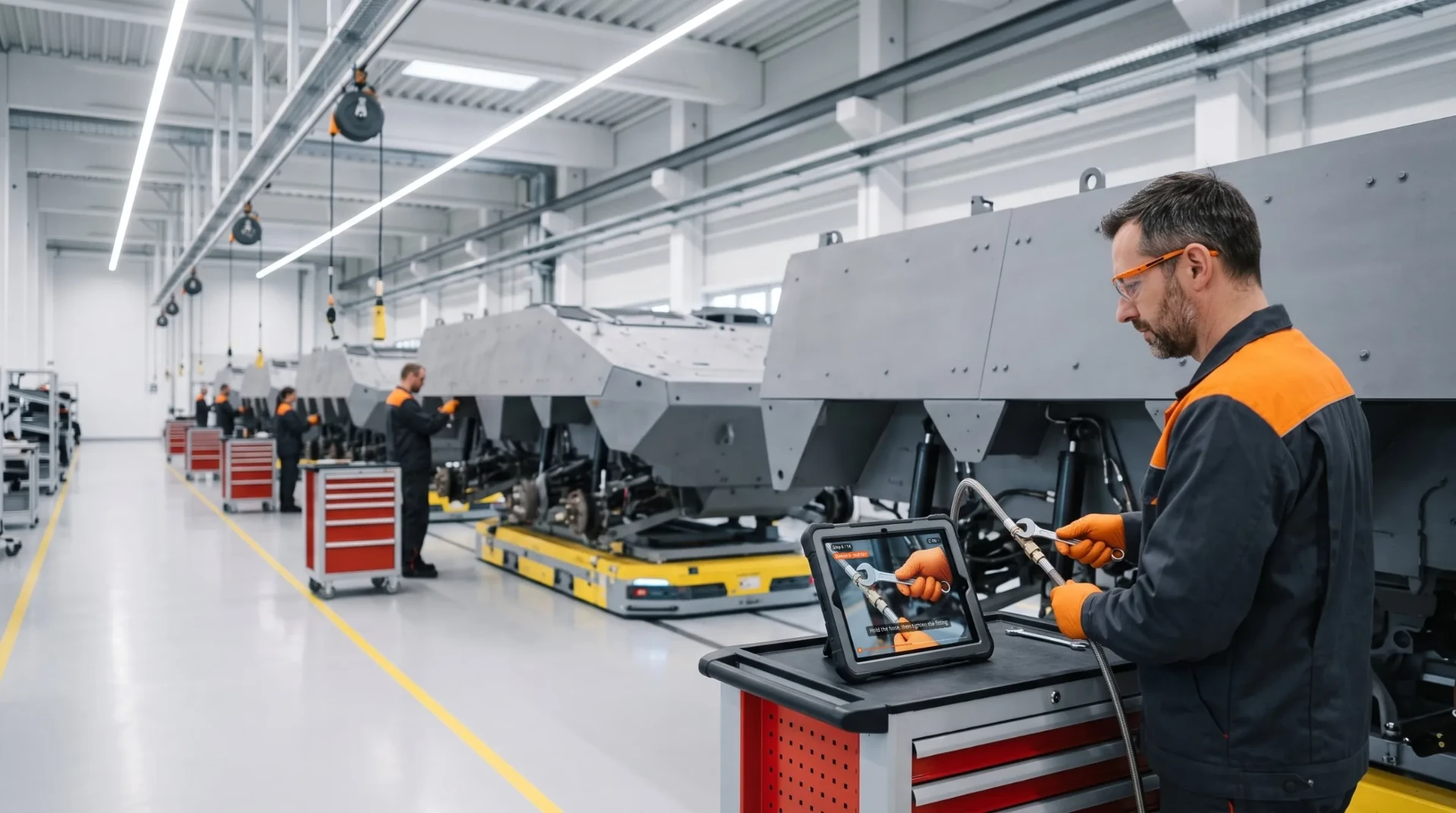 Technik montuje przewód hydrauliczny na kadłubie pojazdu opancerzonego w montażu seryjnym; instrukcja jest na wzmocnionym tablecie