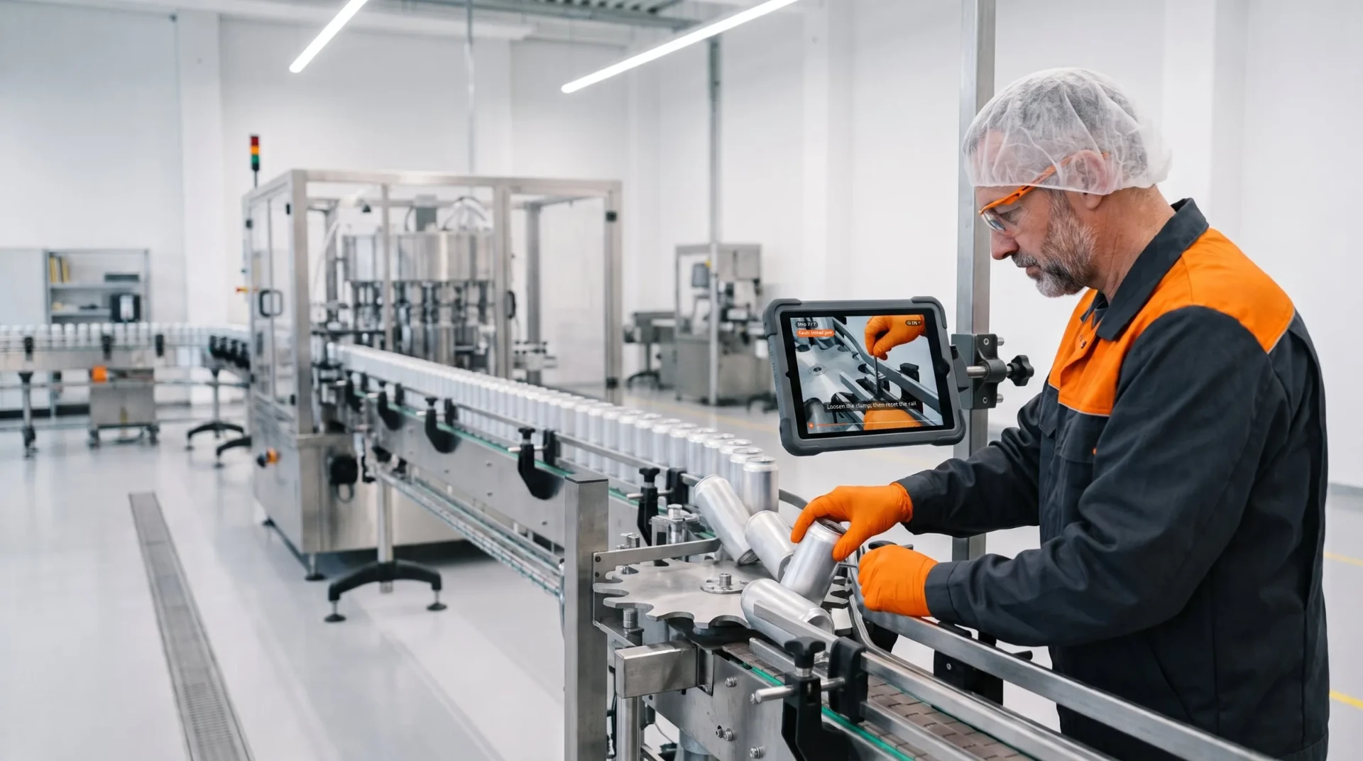 Technik utrzymania ruchu usuwa zator puszek na wejściu nalewaczki, korzystając z instrukcji usuwania usterki na wzmocnionym tablecie