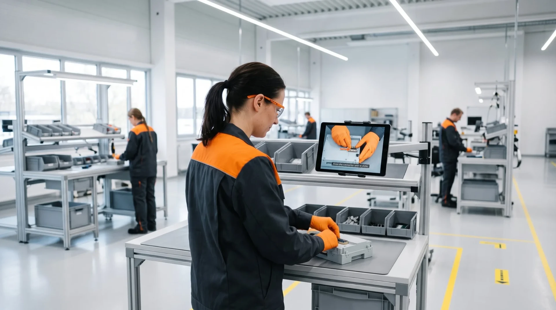 Operatorka w kurtce ESD z pomarańczowymi wykończeniami montuje moduł elektroniczny, a tablet obok niej pokazuje instrukcję pracy wideo dla tego samego kroku z napisami i pomarańczową strzałką