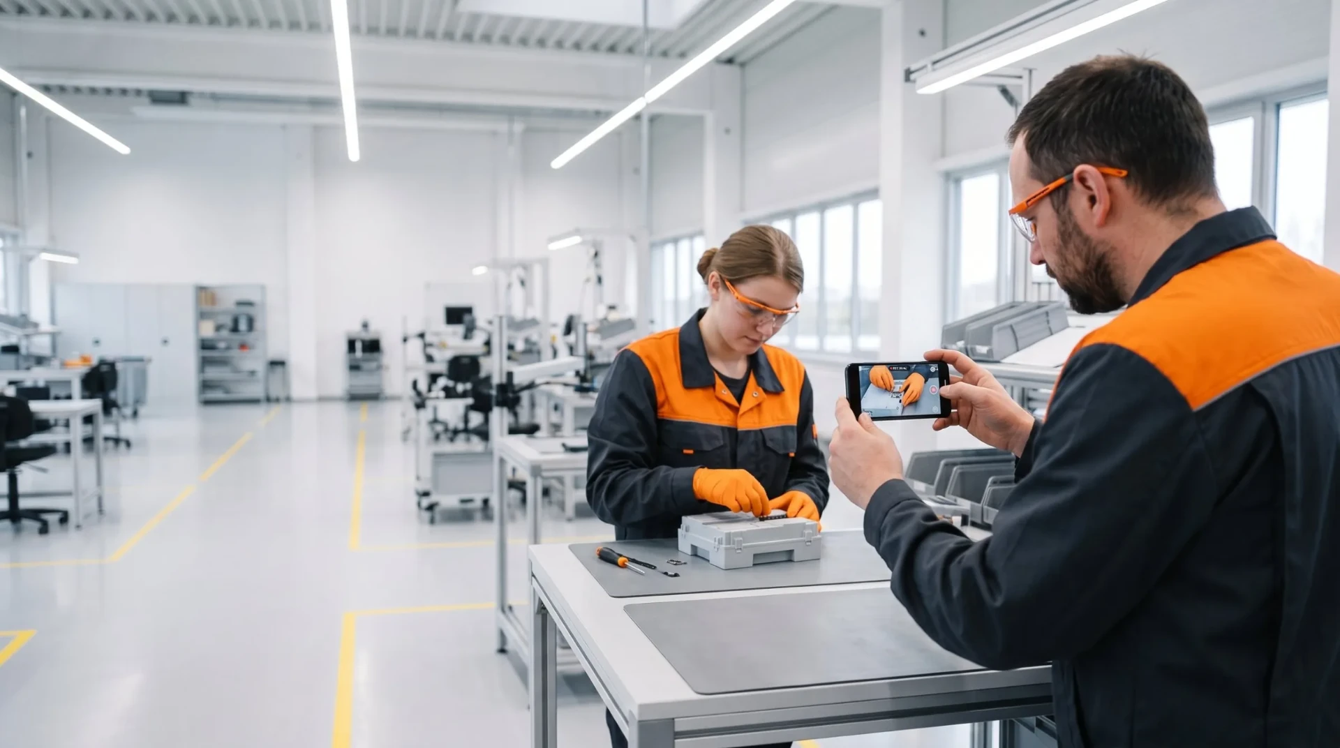 Inżynier procesu nagrywa smartfonem krok montażu wykonywany przez technika