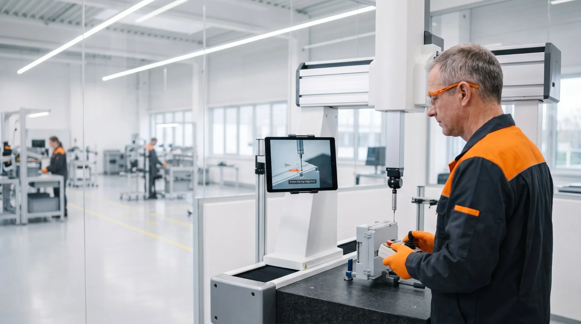 Lider ds. jakości obsługuje współrzędnościową maszynę pomiarową przy obudowie elektronicznej, a tablet obok wyświetla instrukcję wideo tego samego kroku pomiaru