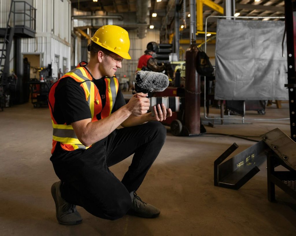 A person holding a camera and microphone