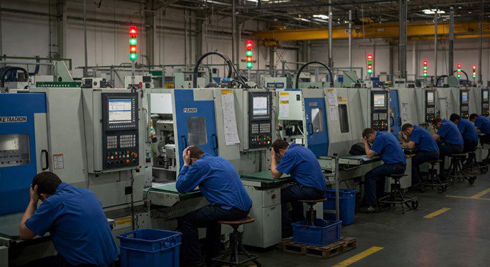 TCD3 factory workers at workstations stopping work