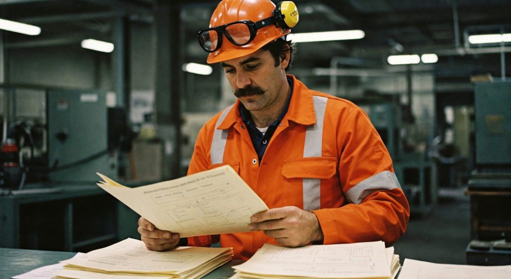 Img80s A man in the factory looking at documents for quality inspection